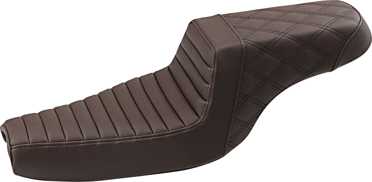 Brown SADDLEMEN Step-Up Seat with tuck-n-roll front and lattice stitch rear, designed for motorcycle comfort and style.