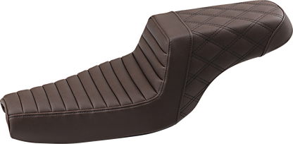 Brown SADDLEMEN Step-Up Seat with tuck-n-roll front and lattice stitch rear, designed for motorcycle comfort and style.