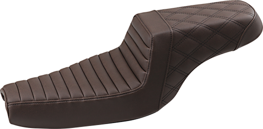Brown SADDLEMEN Step-Up Seat with tuck-n-roll front and lattice stitch rear, designed for motorcycle comfort and style.