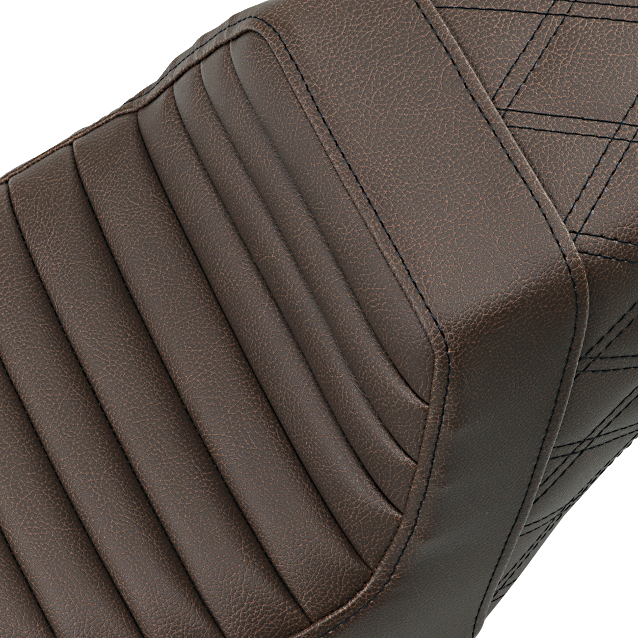 Brown Saddlemen Step-Up Seat with front tuck-n-roll and rear lattice stitch for motorcycle, designed for comfort and style.