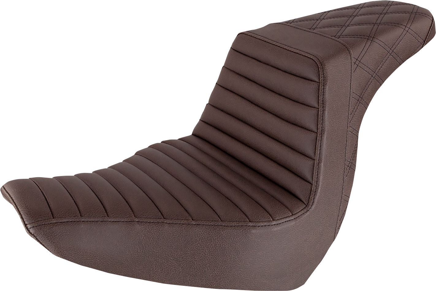 Bill's Exhausts SADDLEMEN Step-Up Seat with front tuck-n-roll and rear lattice stitch in brown for motorcycle comfort and style.