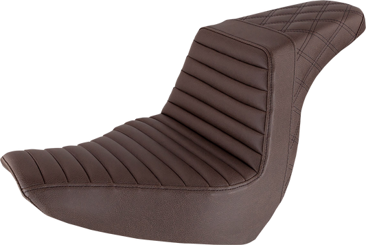 Bill's Exhausts SADDLEMEN Step-Up Seat with front tuck-n-roll and rear lattice stitch in brown for motorcycle comfort and style.