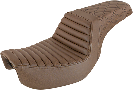 Brown SADDLEMEN Step-Up Seat with front tuck-n-roll and rear lattice stitch for motorcycles, designed by Bill's Exhausts.