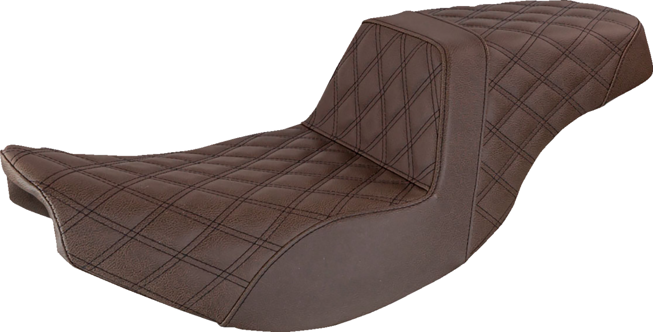 Brown SADDLEMEN Step Up Seat with full lattice design for Indian motorcycles, offering a stylish and comfortable upgrade.