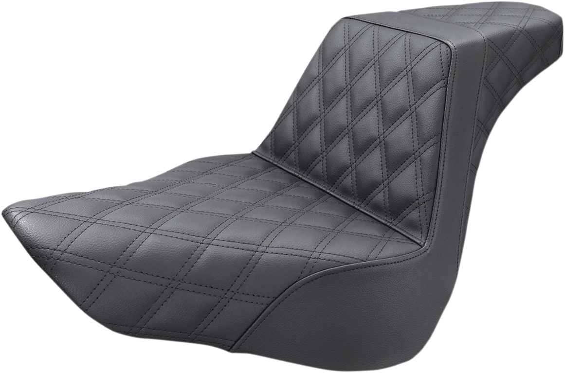 Black SADDLEMEN Step-Up Seat with full lattice stitch for motorcycles, designed for comfort and style.