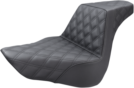 Black SADDLEMEN Step-Up Seat with full lattice stitch for motorcycles, designed for comfort and style.