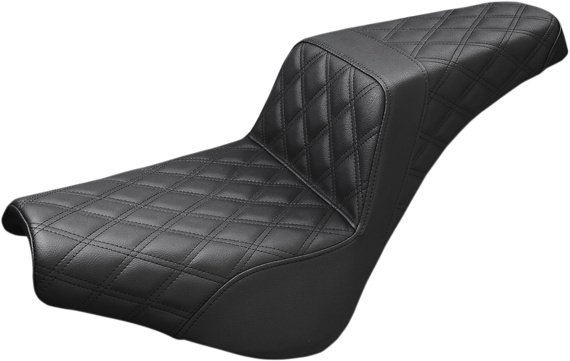 Black SADDLEMEN Step-Up Seat with full lattice stitch, designed for motorcycles, featuring a sleek and comfortable design.