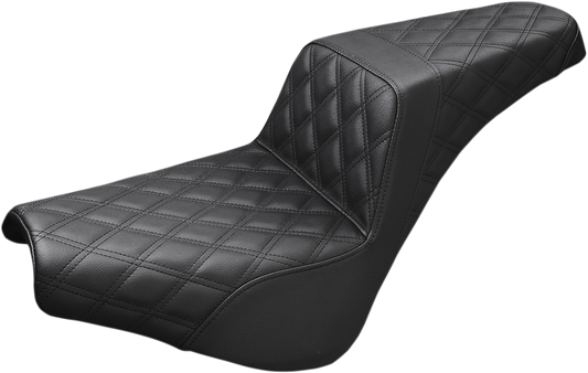 Black SADDLEMEN Step-Up Seat with full lattice stitch, designed for motorcycles, featuring a sleek and comfortable design.