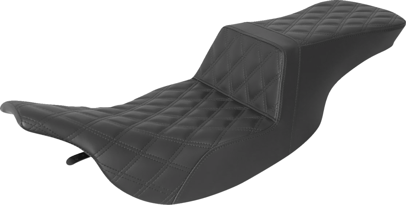 Black SADDLEMEN Step-Up Seat with full lattice stitch for Harley FLH motorcycles, designed for comfort and style.