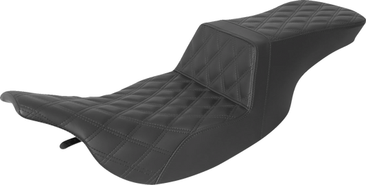 Black SADDLEMEN Step-Up Seat with full lattice stitch for Harley FLH motorcycles, designed for comfort and style.