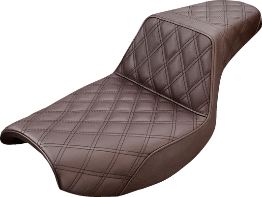 Brown SADDLEMEN Step-Up Seat with full lattice stitch for FXR motorcycles, designed for comfort and style.