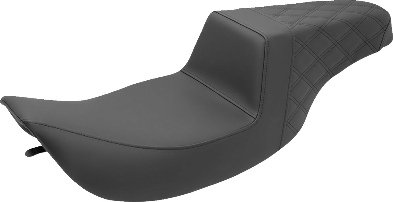 Black SADDLEMEN Step-Up Seat with rear lattice stitch, designed for motorcycles, featuring a comfortable and stylish seat profile.