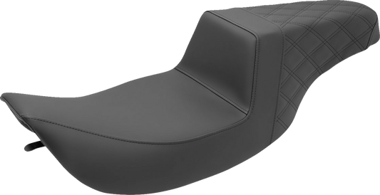 Black SADDLEMEN Step-Up Seat with rear lattice stitch, designed for motorcycles, featuring a comfortable and stylish seat profile.