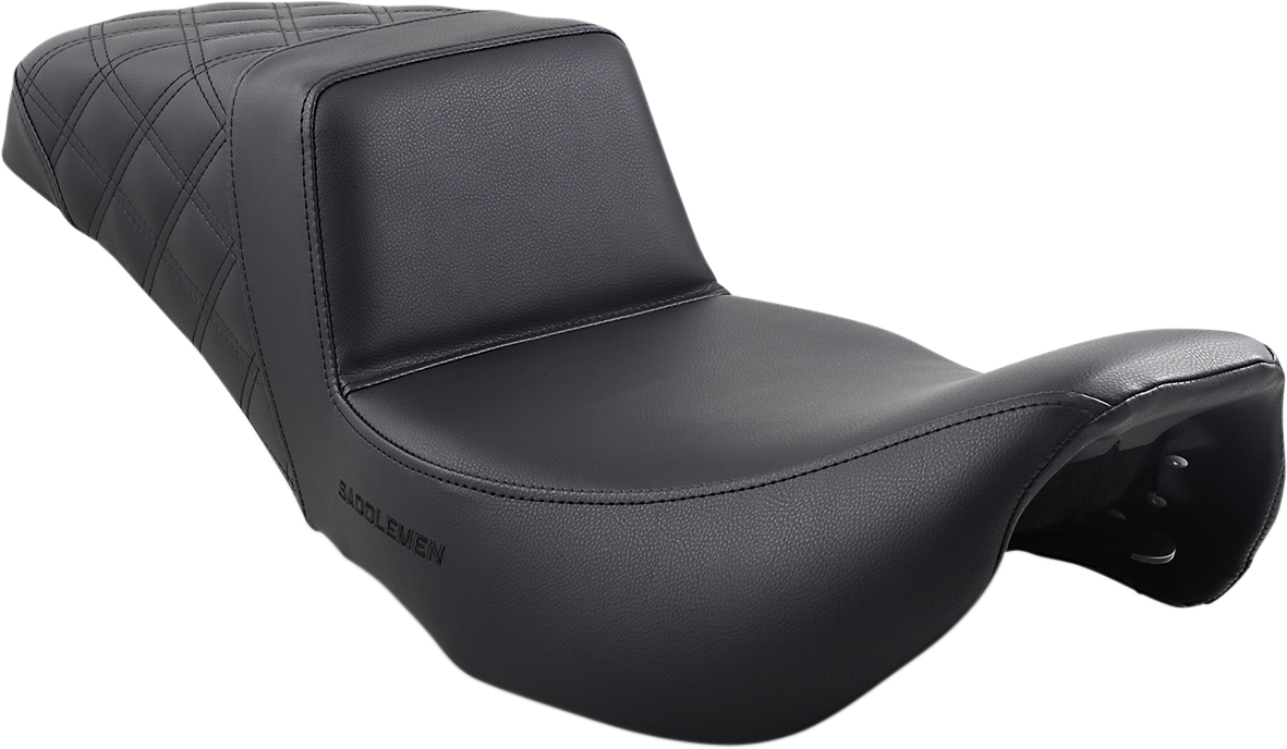 Rear view of SADDLEMEN Step-Up Seat by Bill's Exhausts, black with lattice stitch detailing, designed for motorcycle comfort and style