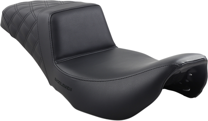 Rear view of SADDLEMEN Step-Up Seat by Bill's Exhausts, black with lattice stitch detailing, designed for motorcycle comfort and style