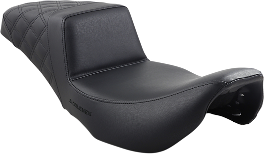 Rear view of SADDLEMEN Step-Up Seat by Bill's Exhausts, black with lattice stitch detailing, designed for motorcycle comfort and style