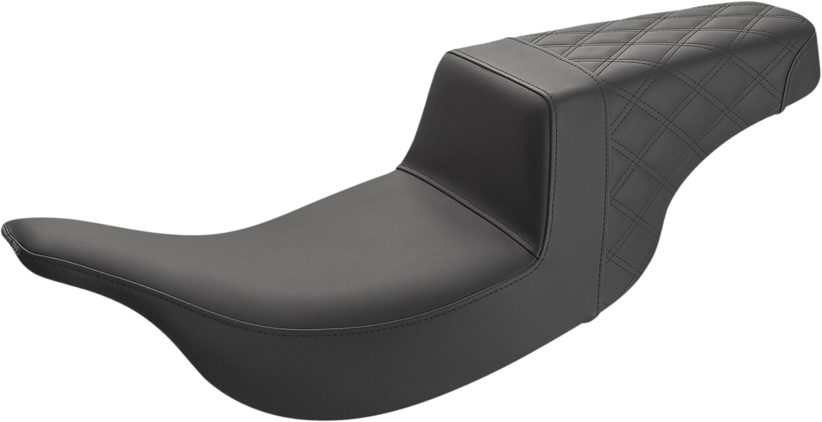 Black SADDLEMEN Step-Up Seat with rear lattice stitch, designed for motorcycles, featuring a sleek and comfortable seat by Bill's Exhausts.