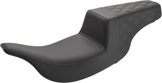 Black SADDLEMEN Step-Up Seat with rear lattice stitch, designed for motorcycles, featuring a sleek and comfortable seat by Bill's Exhausts.