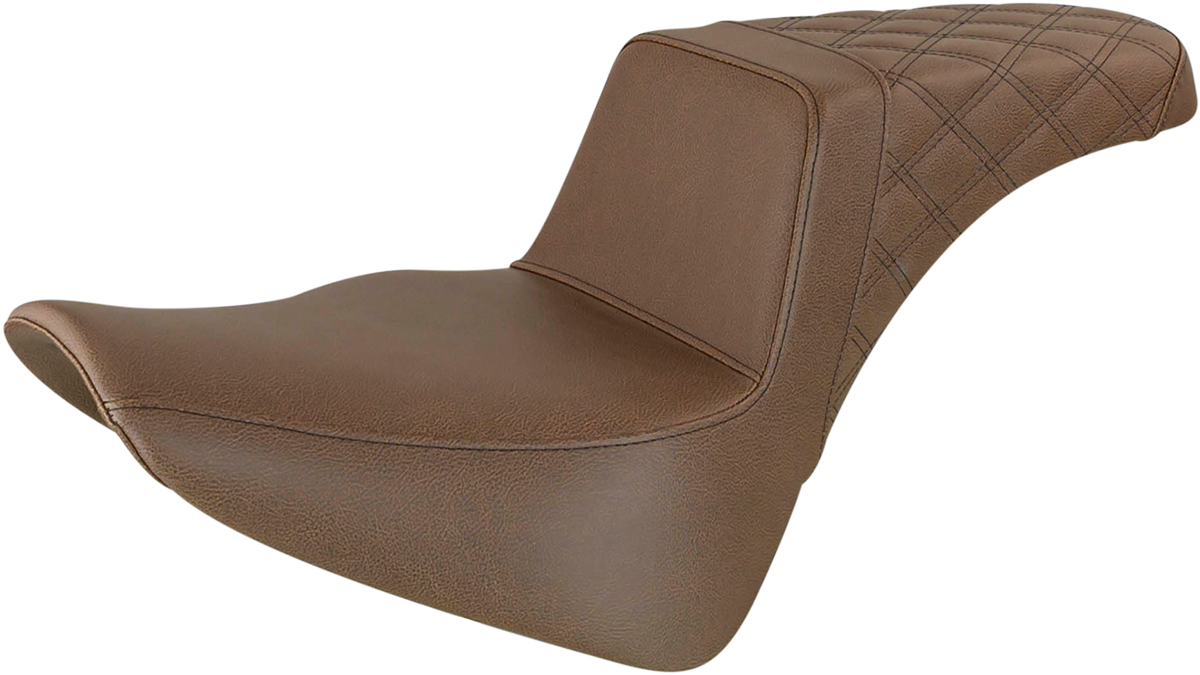 Brown SADDLEMEN Step-Up Rear Seat with lattice stitch design, designed for motorcycle comfort and style.