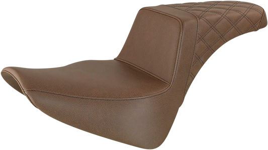 Brown SADDLEMEN Step-Up Rear Seat with lattice stitch design, designed for motorcycle comfort and style.