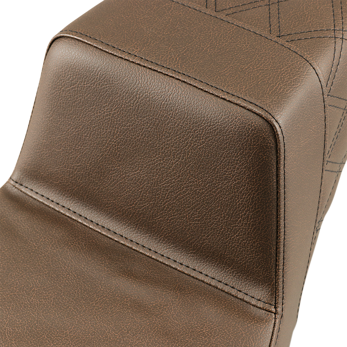 Brown SADDLEMEN Step-Up Seat with rear lattice stitch, designed for motorcycle comfort and style, by Bill's Exhausts.