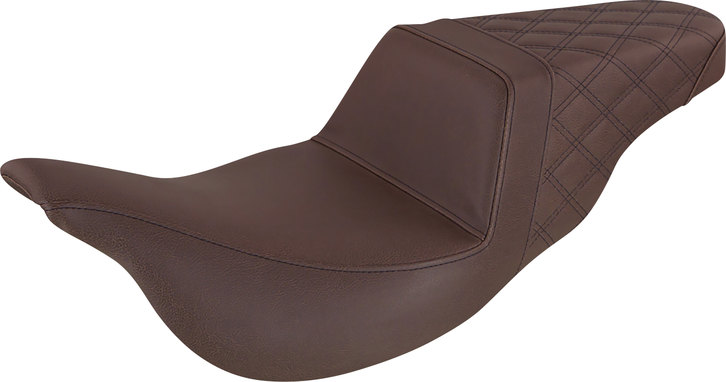 Brown SADDLEMEN Step-Up Seat with rear lattice stitch for FL models 2008-2023, designed for comfortable riding.