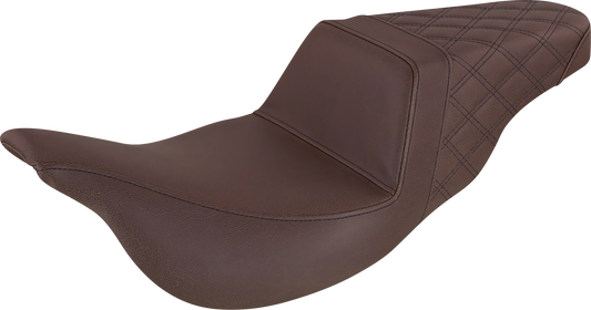 Brown SADDLEMEN Step-Up Seat with rear lattice stitch for FL models 2008-2023, designed for comfortable riding.