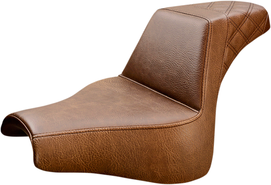 Brown SADDLEMEN Step-Up Seat with rear lattice stitch for FXFB Harley Davidson motorcycle, featuring comfortable design and stylish stitching.