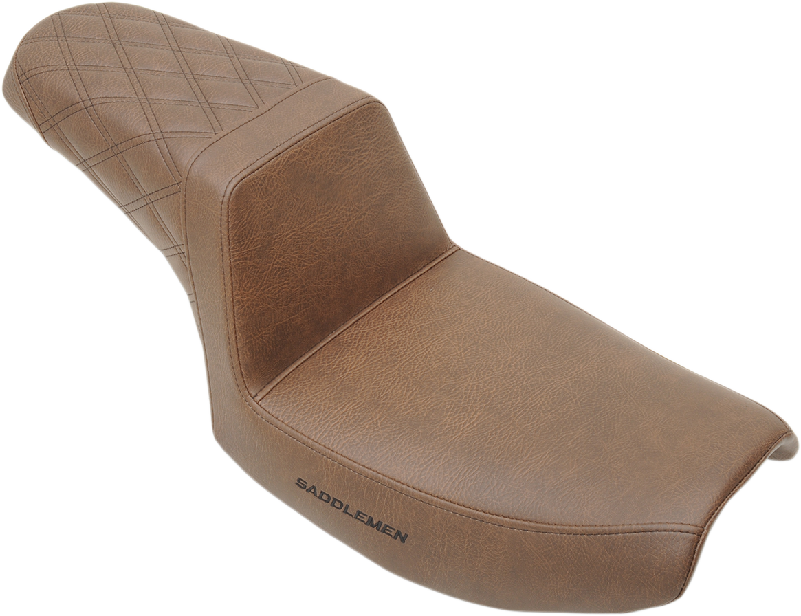 SADDLEMEN Step-Up Seat with rear lattice stitch in brown for FXR motorcycles, featuring comfortable seating and stylish design