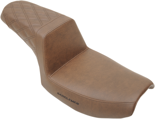 SADDLEMEN Step-Up Seat with rear lattice stitch in brown for FXR motorcycles, featuring comfortable seating and stylish design