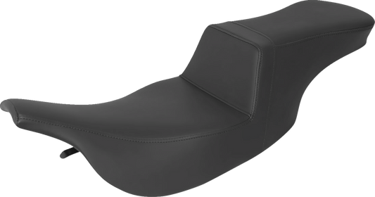 Black SADDLEMEN Step-Up Seat for FLH motorcycles, smooth design, by Bill's Exhausts, shown on a Harley-Davidson motorcycle.