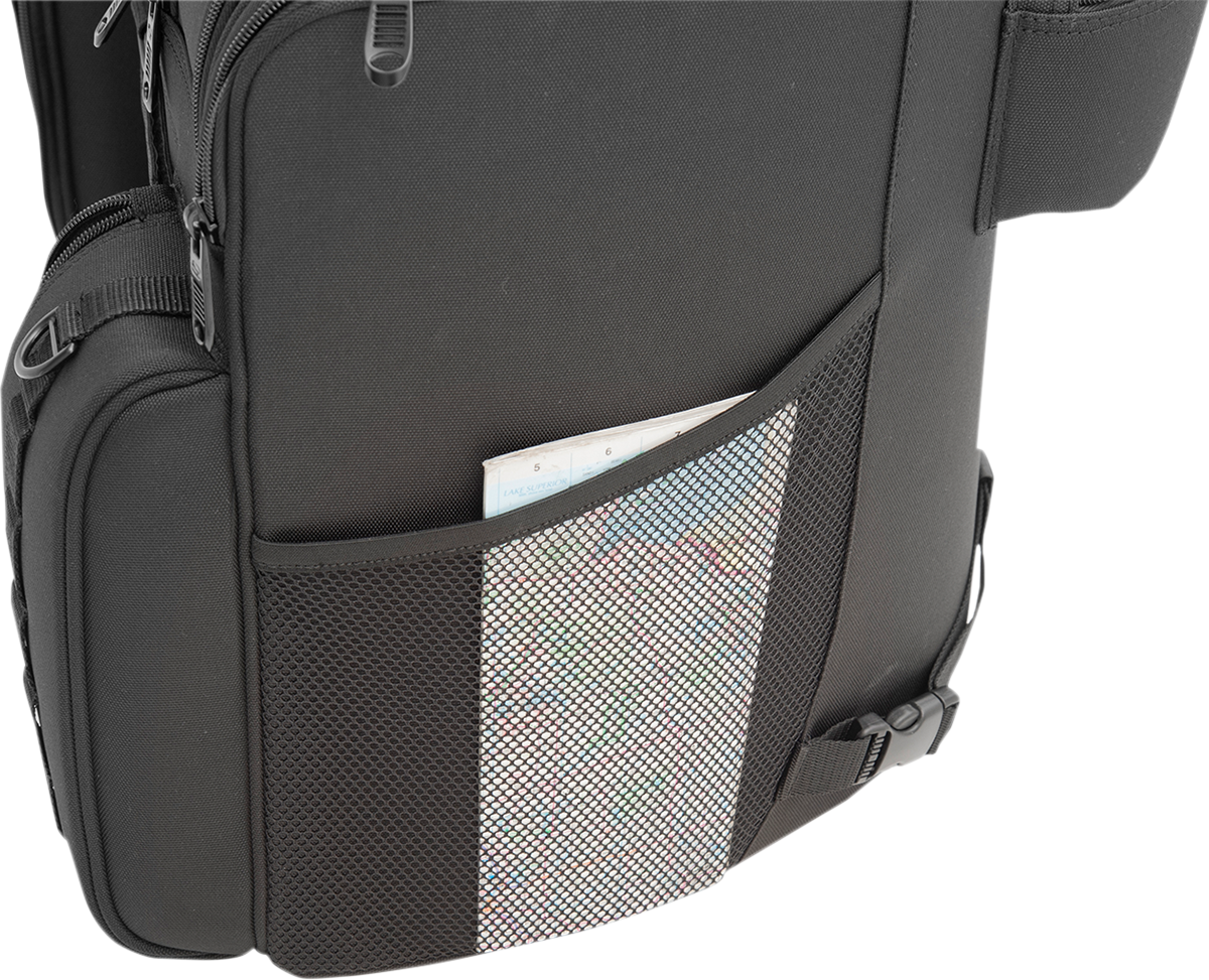 Bill's Exhausts Saddlemens Tactical Backrest Bag seat for motorcycle, featuring durable design and secure attachment points.