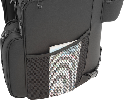 Bill's Exhausts Saddlemens Tactical Backrest Bag seat for motorcycle, featuring durable design and secure attachment points.