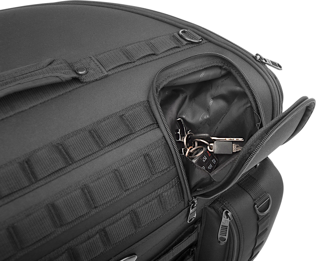 Tactical Backrest Bag by SADDLEMEN on a motorcycle seat, designed for secure storage and comfort during rides.