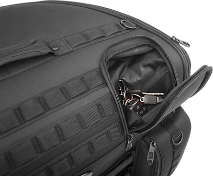 Tactical Backrest Bag by SADDLEMEN on a motorcycle seat, designed for secure storage and comfort during rides.