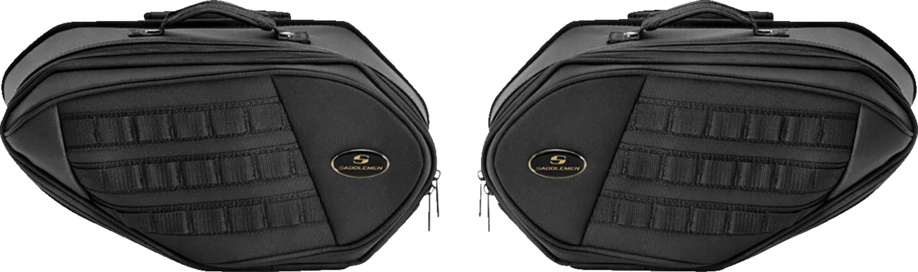 Black SADDLEMEN Tactical Saddlebag seat for motorcycles, featuring durable construction and secure mounting by Bill's Exhausts