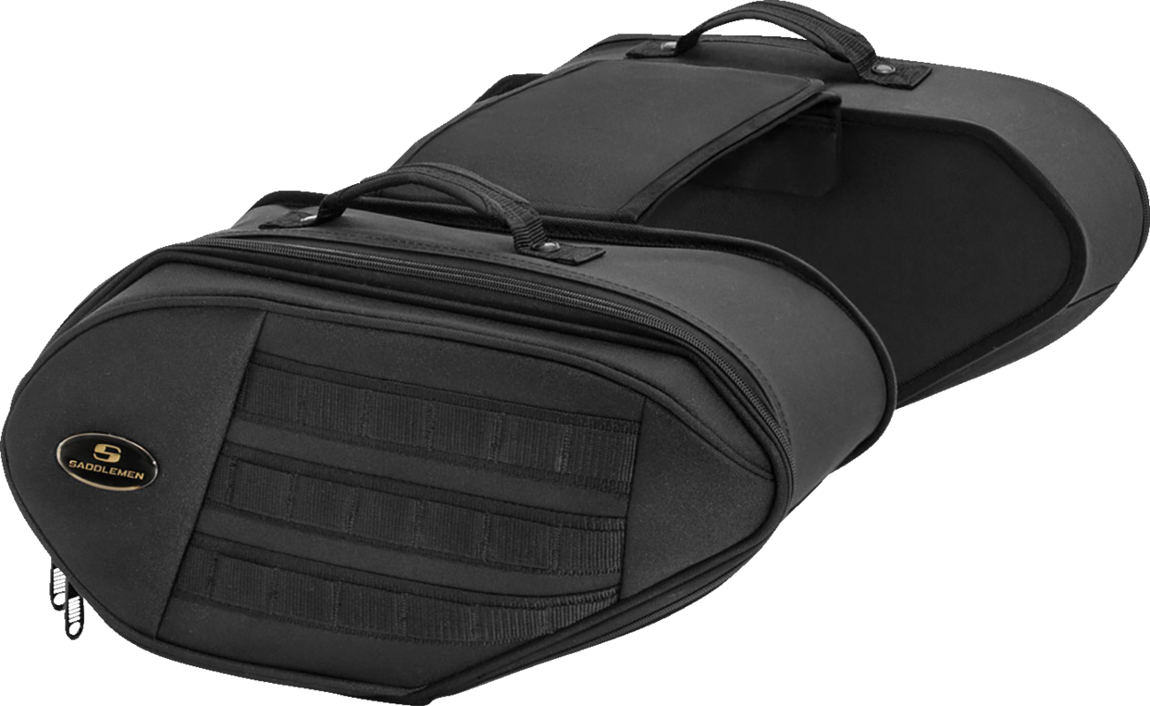 Black SADDLEMEN Tactical Saddlebag seat by Bill's Exhausts, designed for motorcycles with secure storage.
