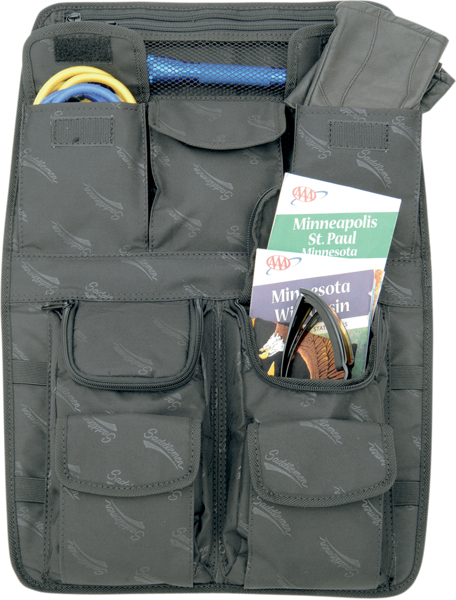 Bill's Exhausts Saddlemen Tour Pack Lid Organizer for seats, featuring a durable storage solution with multiple compartments.
