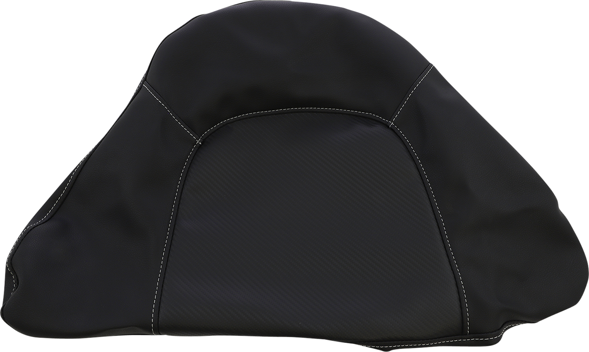 Black carbon fiber SADDLEMEN Tour-Pak backrest pad cover for motorcycle seats, designed for durability and style.