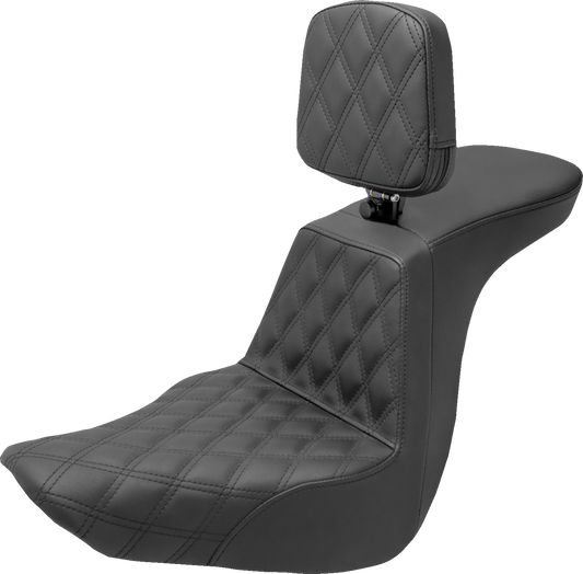 SADDLEMEN Tour Step Up Seat with rider backrest and front lattice stitch on a Harley FLSB/FXLR motorcycle, model 2018-2022