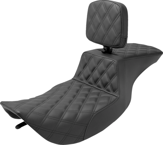 SADDLEMEN Tour Step Up Seat with rider backrest and full lattice stitch for FLHR and FLHX models, includes mounting hardware.
