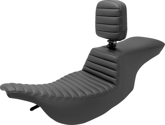 Saddlemens Tour Step Up Seat with Rider Backrest and Tuck-n-Roll design for FL models 1997-2007, featuring black leather upholstery.