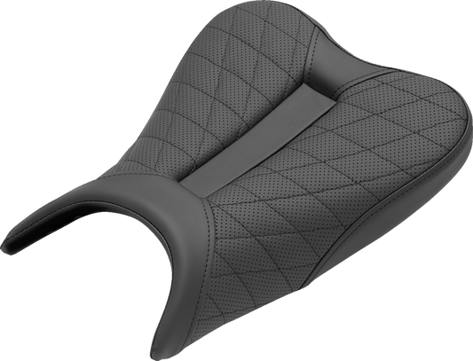 SADDLEMEN Track Seat with lattice stitch design in black for Ninja 400 (2018-2022), featuring a sleek motorcycle seat by Bill's Exhausts.