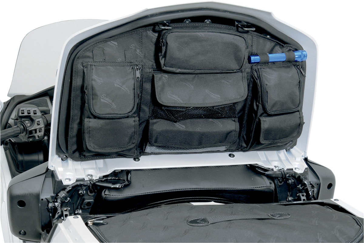 Saddlemens trunk lid organizer for seats, designed for easy storage and organization of vehicle essentials in a car trunk.