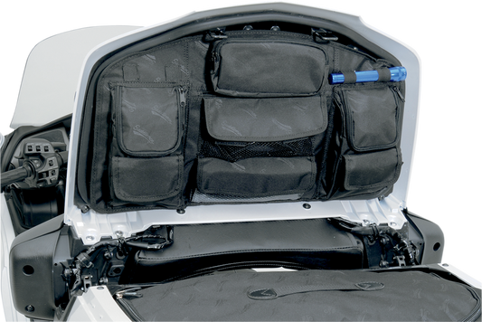 Saddlemens trunk lid organizer for seats, designed for easy storage and organization of vehicle essentials in a car trunk.
