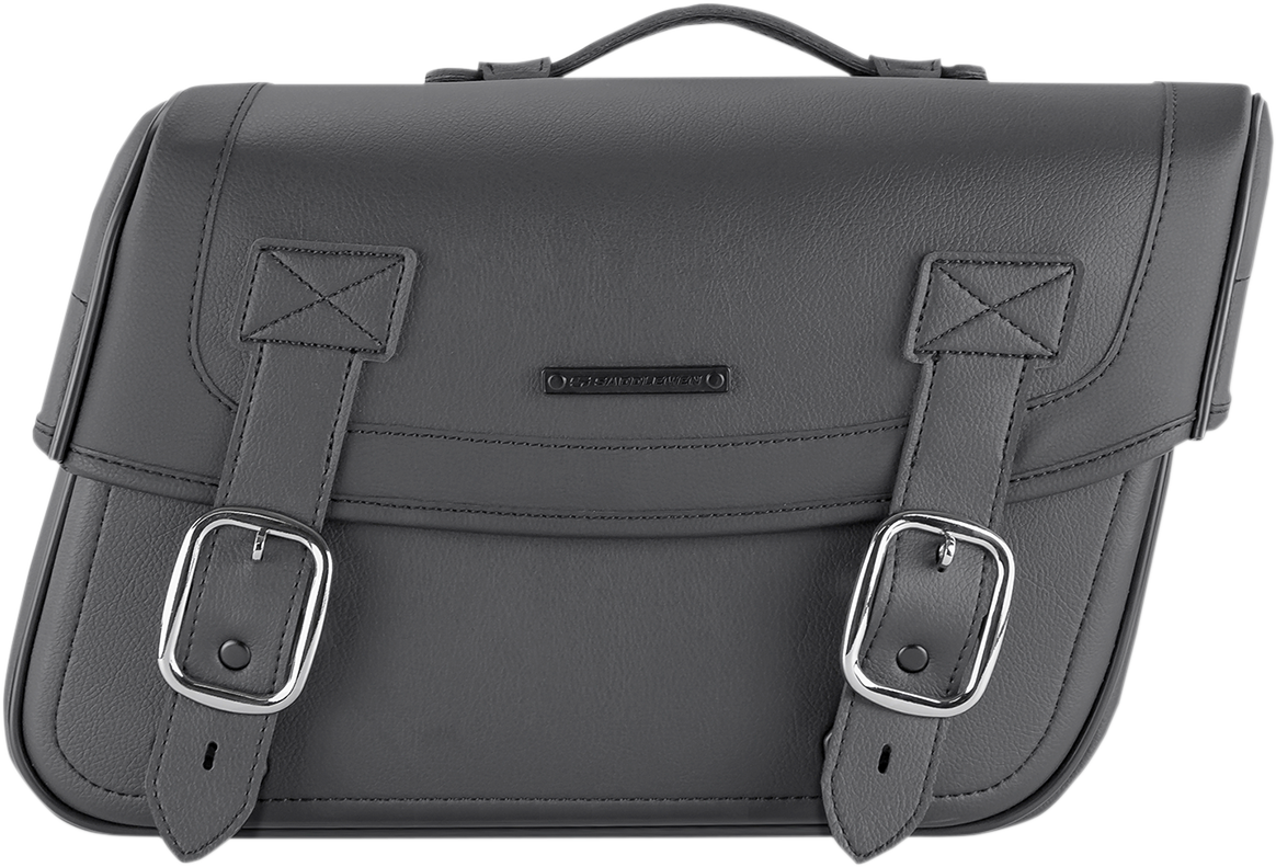 Bill's Exhausts Saddlemen universal saddlebag seat for motorcycles, black leather with secure attachment straps.