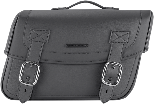 Bill's Exhausts Saddlemen universal saddlebag seat for motorcycles, black leather with secure attachment straps.