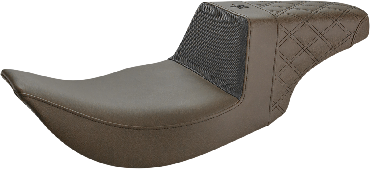 SADDLEMEN Unknown Industries seat for motorcycle, front carbon fiber with black gripper lumbar and rear lattice stitch detailing.