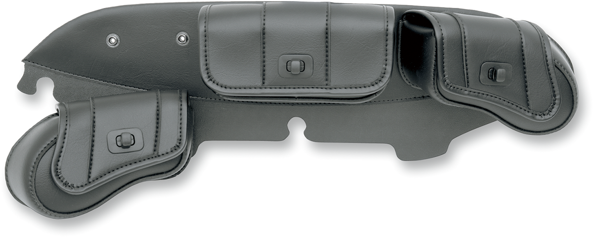 Bill's Exhausts Saddlemen Windshield Bag mounted on FLH motorcycle seat, showing durable black leather with storage compartments.