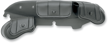 Bill's Exhausts Saddlemen Windshield Bag mounted on FLH motorcycle seat, showing durable black leather with storage compartments.